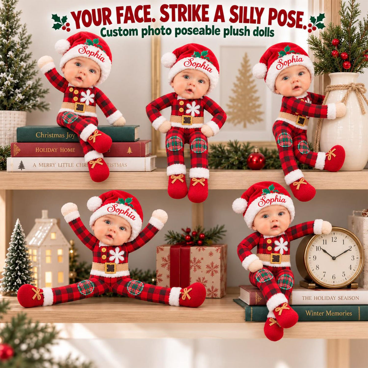 Personalized Baby Photo Squishy Toy, Poseable Plush Doll, Baby’s First Christmas Gift, Funny Gift for Parents T1807 Hv01