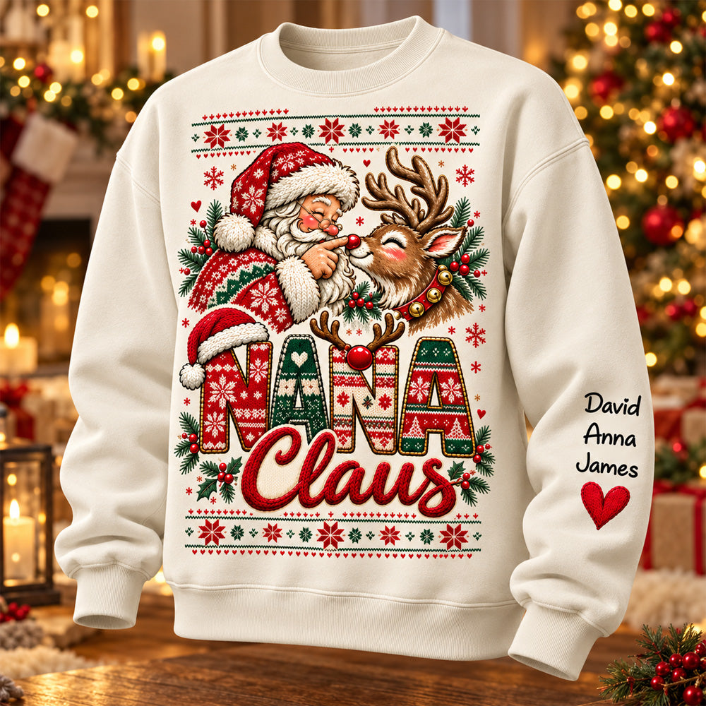 Custom Nana Claus Sweatshirt with Grandkids Names, Personalized Christmas Sweater, Cute Santa and Reindeer Holiday Crewneck C2408 Nh00 KL07