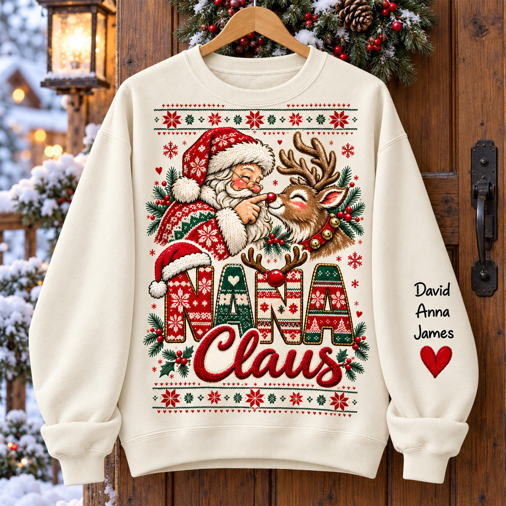 Custom Nana Claus Sweatshirt with Grandkids Names, Personalized Christmas Sweater, Cute Santa and Reindeer Holiday Crewneck C2408 Nh00 KL07