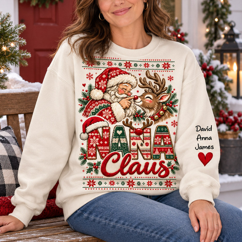 Custom Nana Claus Sweatshirt with Grandkids Names, Personalized Christmas Sweater, Cute Santa and Reindeer Holiday Crewneck C2408 Nh00 KL07