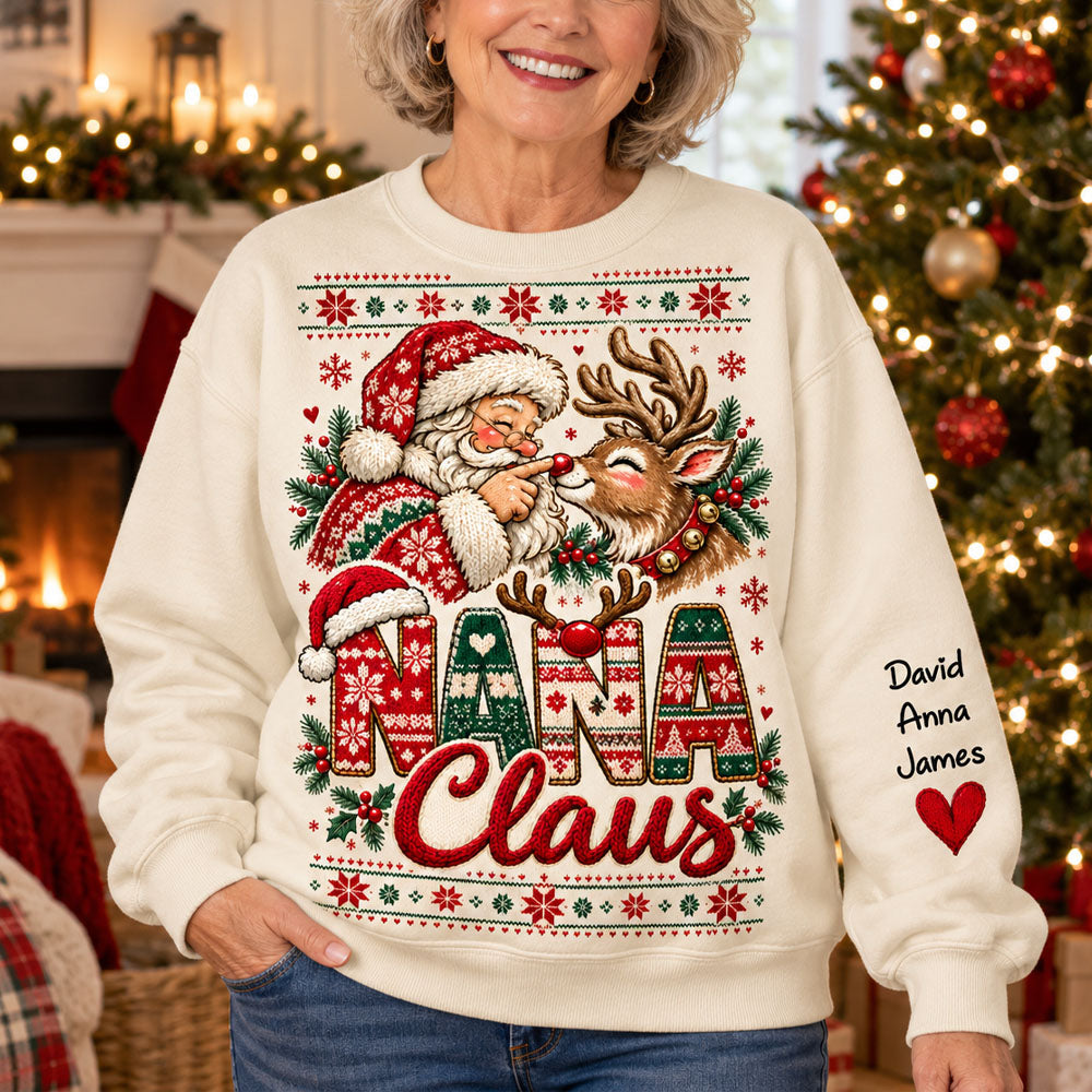 Custom Nana Claus Sweatshirt with Grandkids Names, Personalized Christmas Sweater, Cute Santa and Reindeer Holiday Crewneck C2408 Nh00 KL07