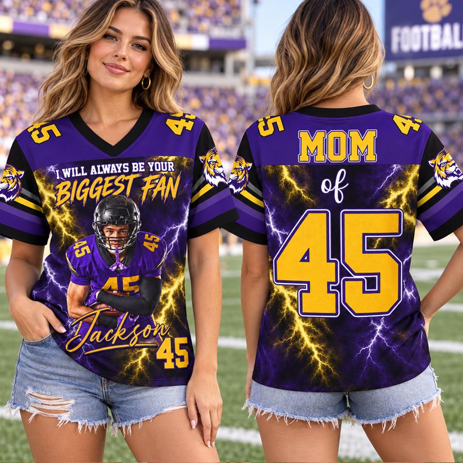 Personalized Football Mom I Will Always Be Your Biggest Fan Jersey – Custom Player Name & Number Two-Sided Game Day Shirt H2511 Trna