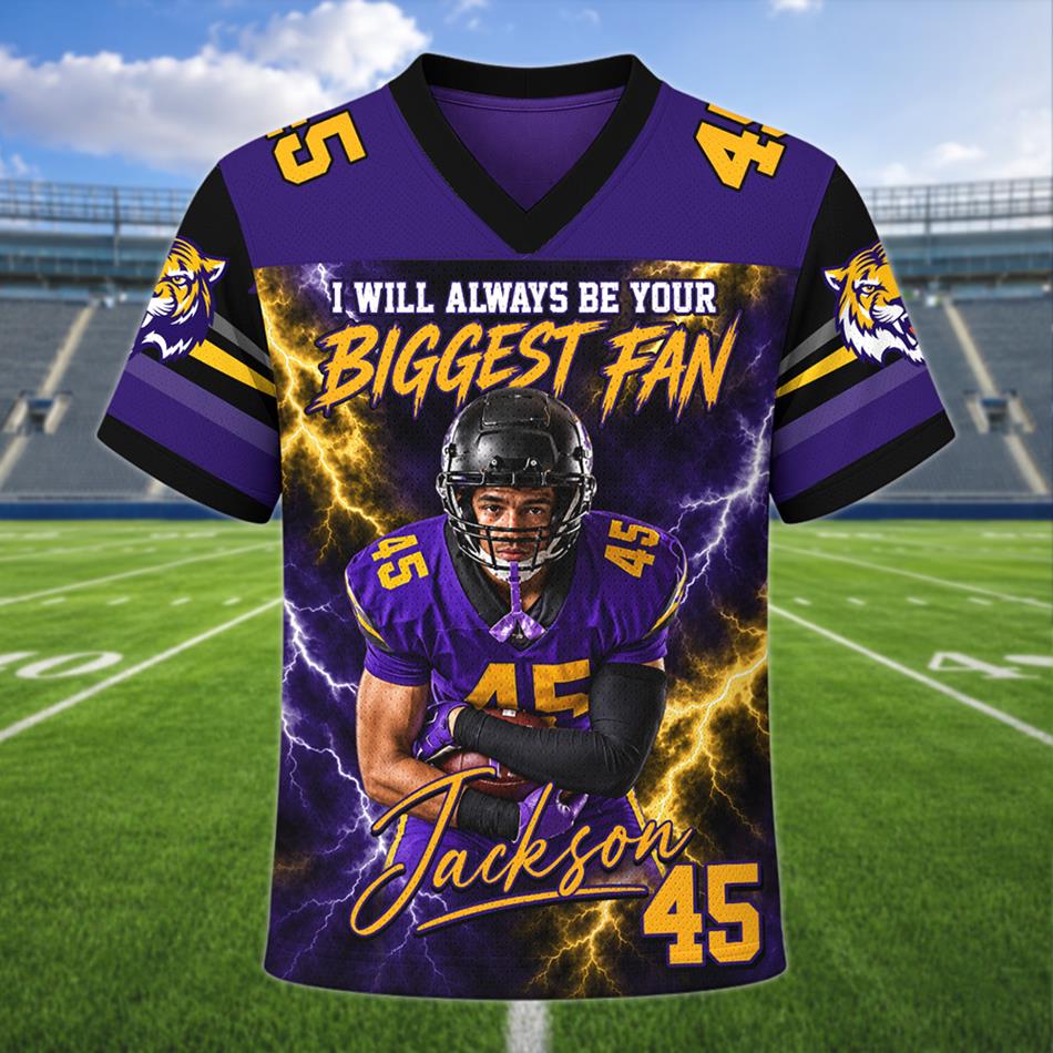 Personalized Football Mom I Will Always Be Your Biggest Fan Jersey – Custom Player Name & Number Two-Sided Game Day Shirt H2511 Trna