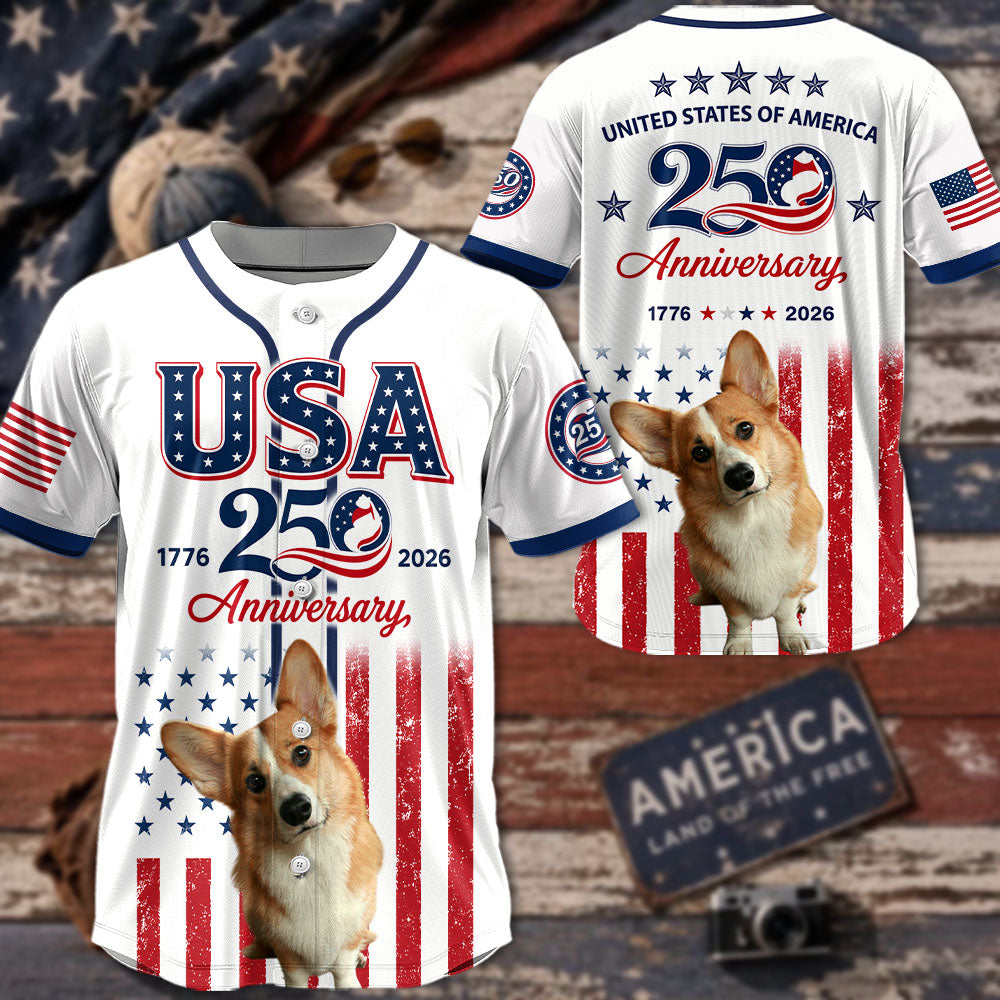 Custom Upload Photo Welsh Corgi USA 250th Anniversary Baseball Jersey 1776-2026 Patriotic Dog Lovers Shirt Pt99