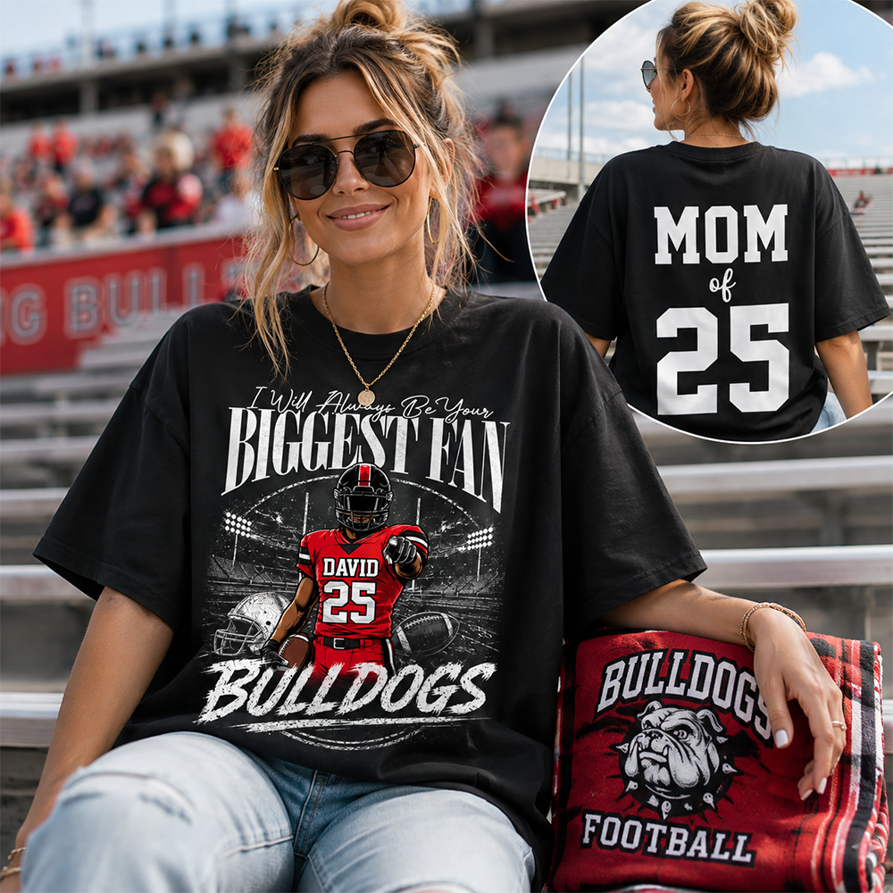 I'll Always Be Your Biggest Fan, Personalized Football Mom Shirt, Custom Player Name & Number Tee, Game Day Mom Gift Na02 Hv01