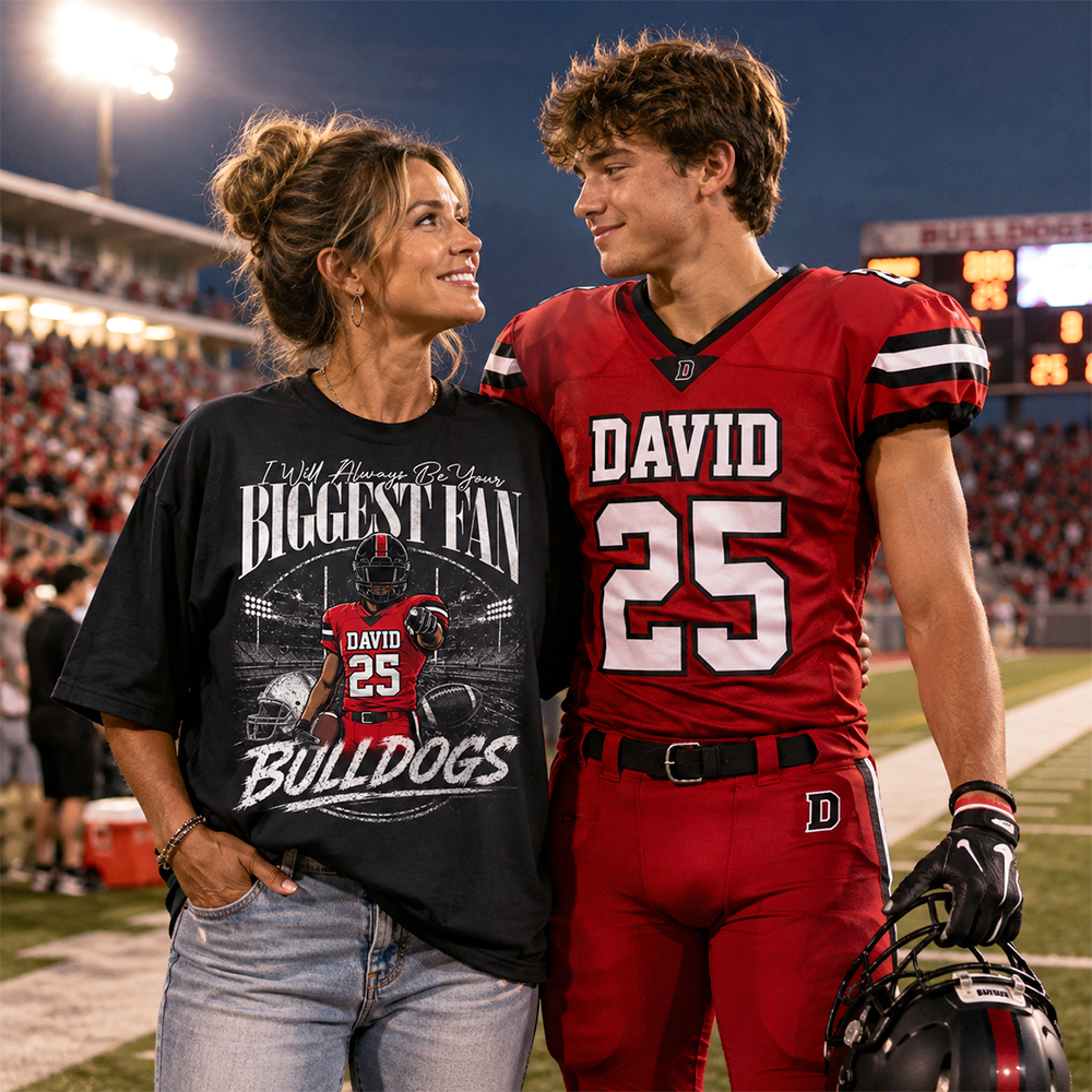I'll Always Be Your Biggest Fan, Personalized Football Mom Shirt, Custom Player Name & Number Tee, Game Day Mom Gift Na02 Hv01