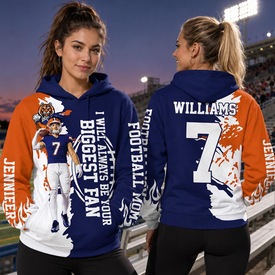 Personalized I Will Always Be Your Biggest Fan Football Mom Hoodie – Custom Player Name & Number, Proud Football Mom Game Day Shirt H2511 Trna