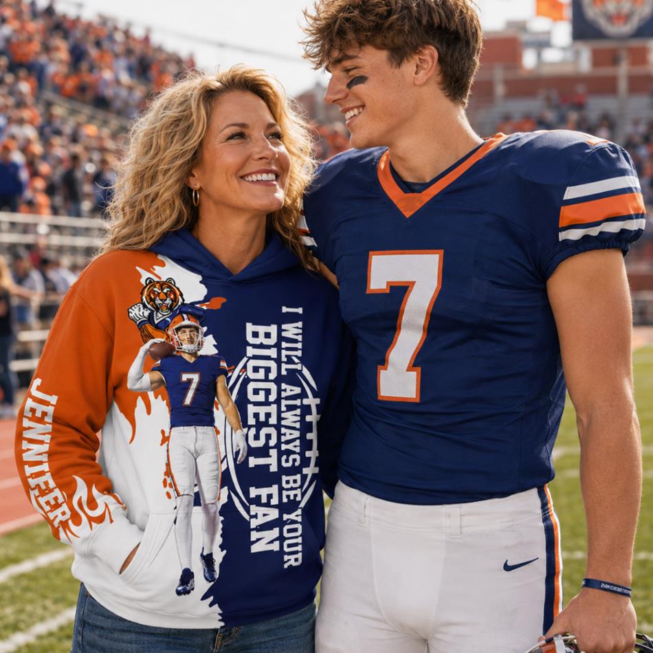 Personalized I Will Always Be Your Biggest Fan Football Mom Hoodie – Custom Player Name & Number, Proud Football Mom Game Day Shirt H2511 Trna