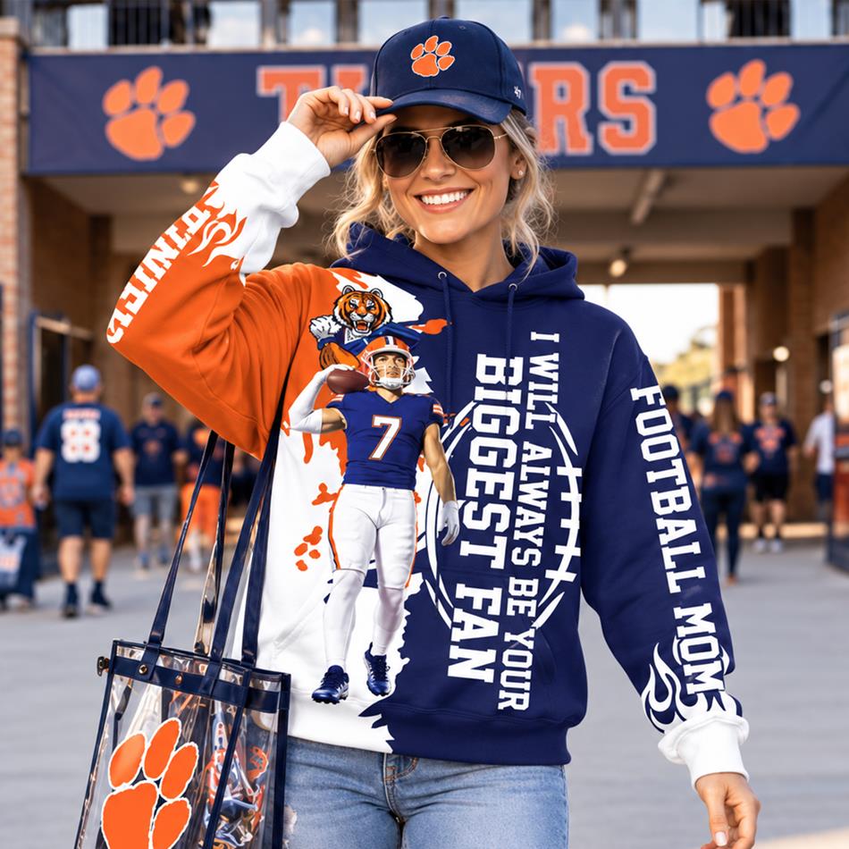 Personalized I Will Always Be Your Biggest Fan Football Mom Hoodie – Custom Player Name & Number, Proud Football Mom Game Day Shirt H2511 Trna