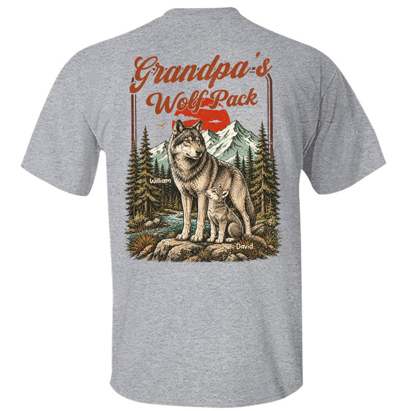 Personalized Grandpa Wolf Pack T-Shirt Father Day Gifts for Dad Funny Papa Tshirt Cool Daddy Wolf Vintage Retro Shirt for Men Pt99