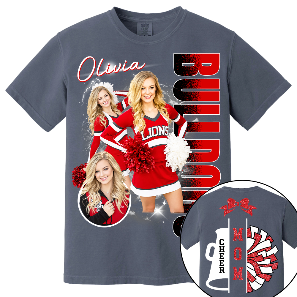 Personalized Cheerleader Team Name & School Name Bootleg Style Tee, Custom Photo Cheerleading Shirt, Gift For Cheer Mom Cheerleader Lovers MI209 TH23