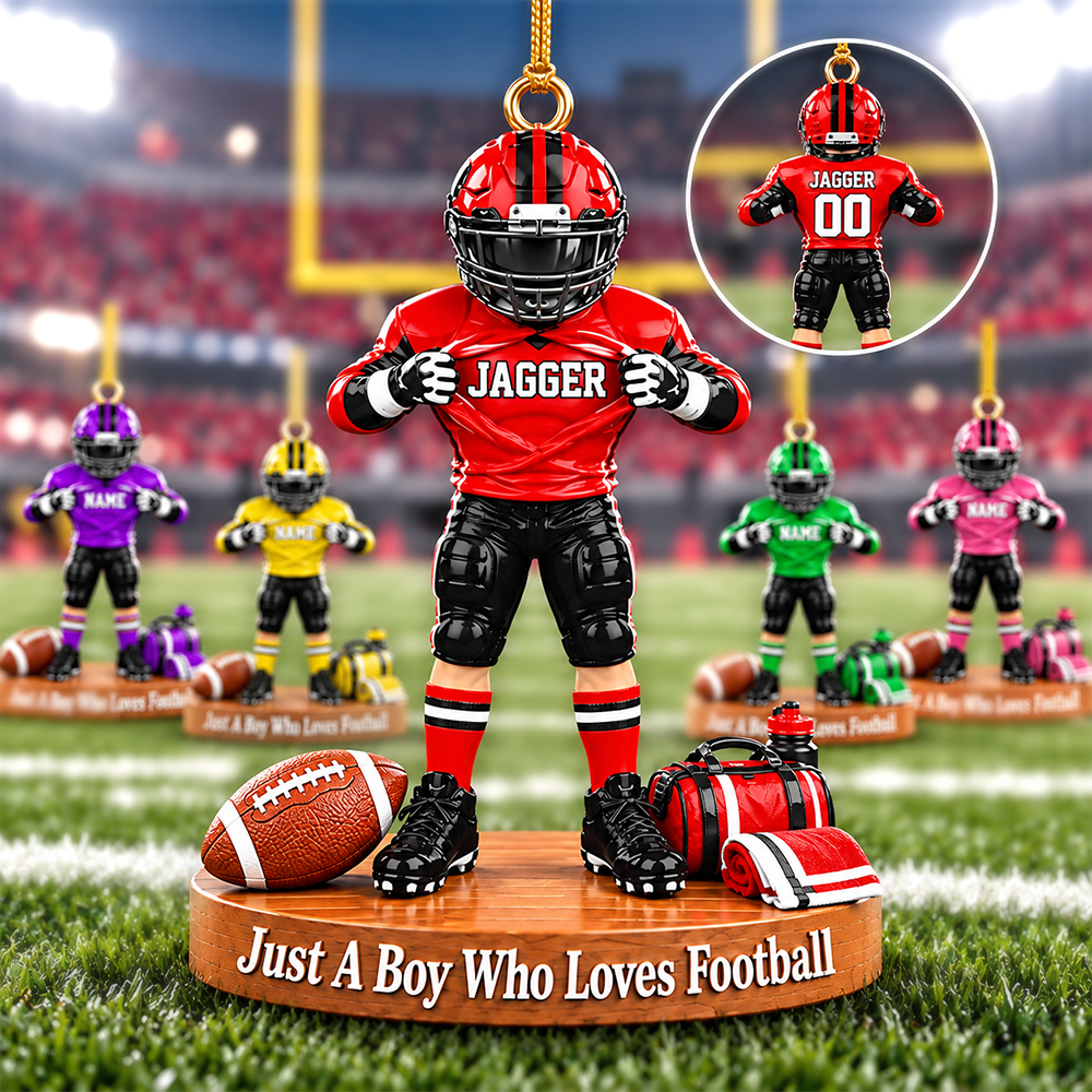 Personalized Football Player Christmas Ornament, Custom Name, Number & Uniform Colors, Just a Boy Who Loves Football Gift New Hv01