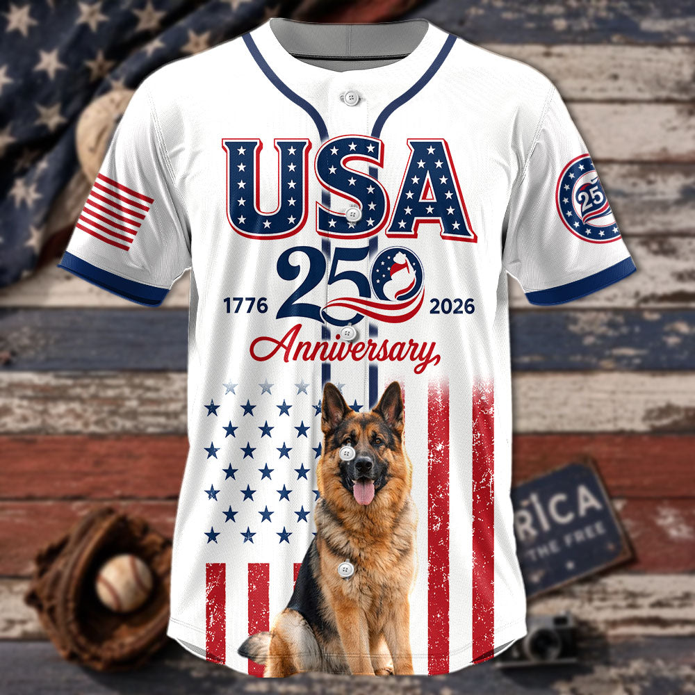 Custom Upload Photo German Shepherd USA 250th Anniversary Baseball Jersey 1776-2026 Patriotic Dog Lovers Shirt Pt99