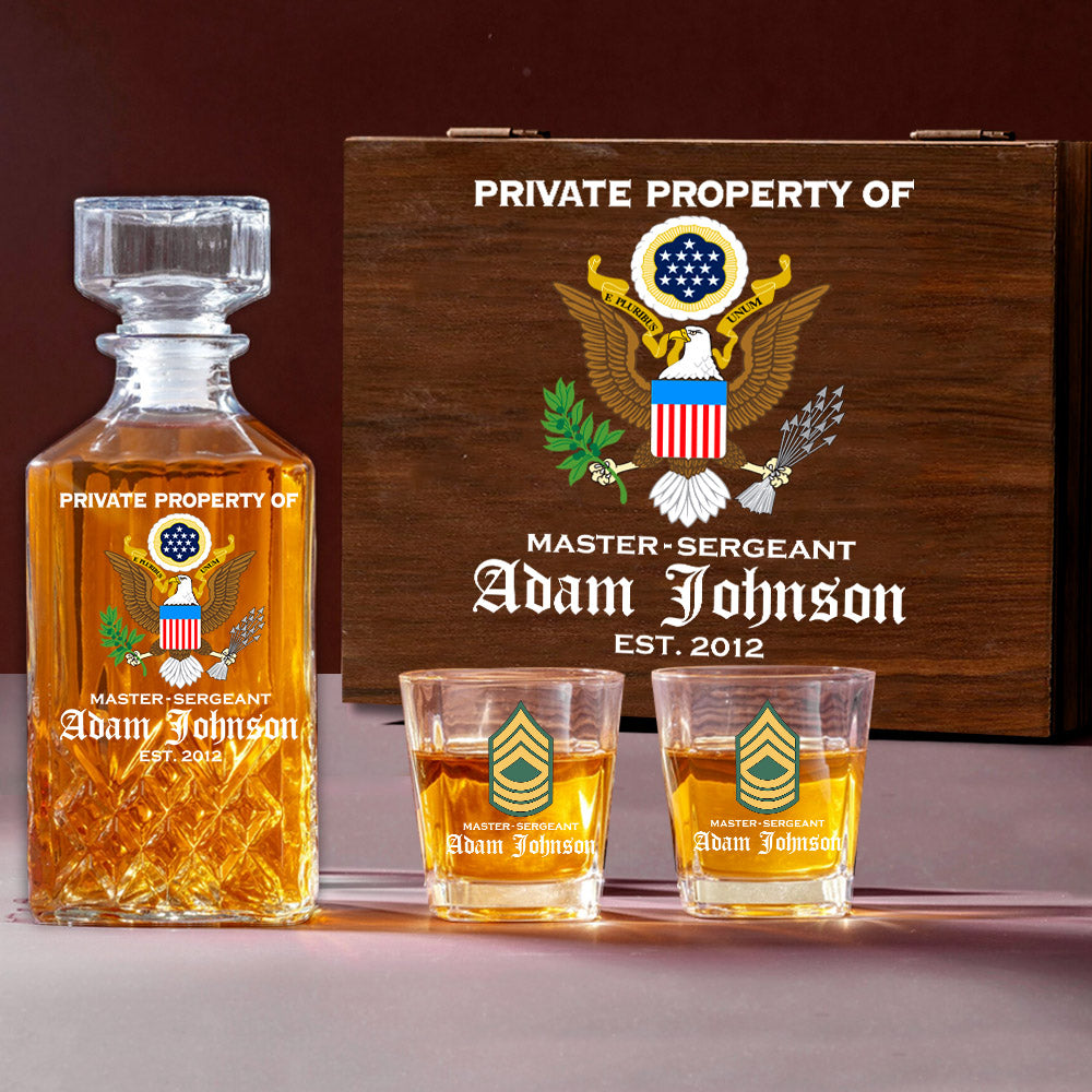 Private Property Of US Military Veteran Custom All Branches Whiskey Decanter Set Gift For Veteran Dad Grandpa H2511