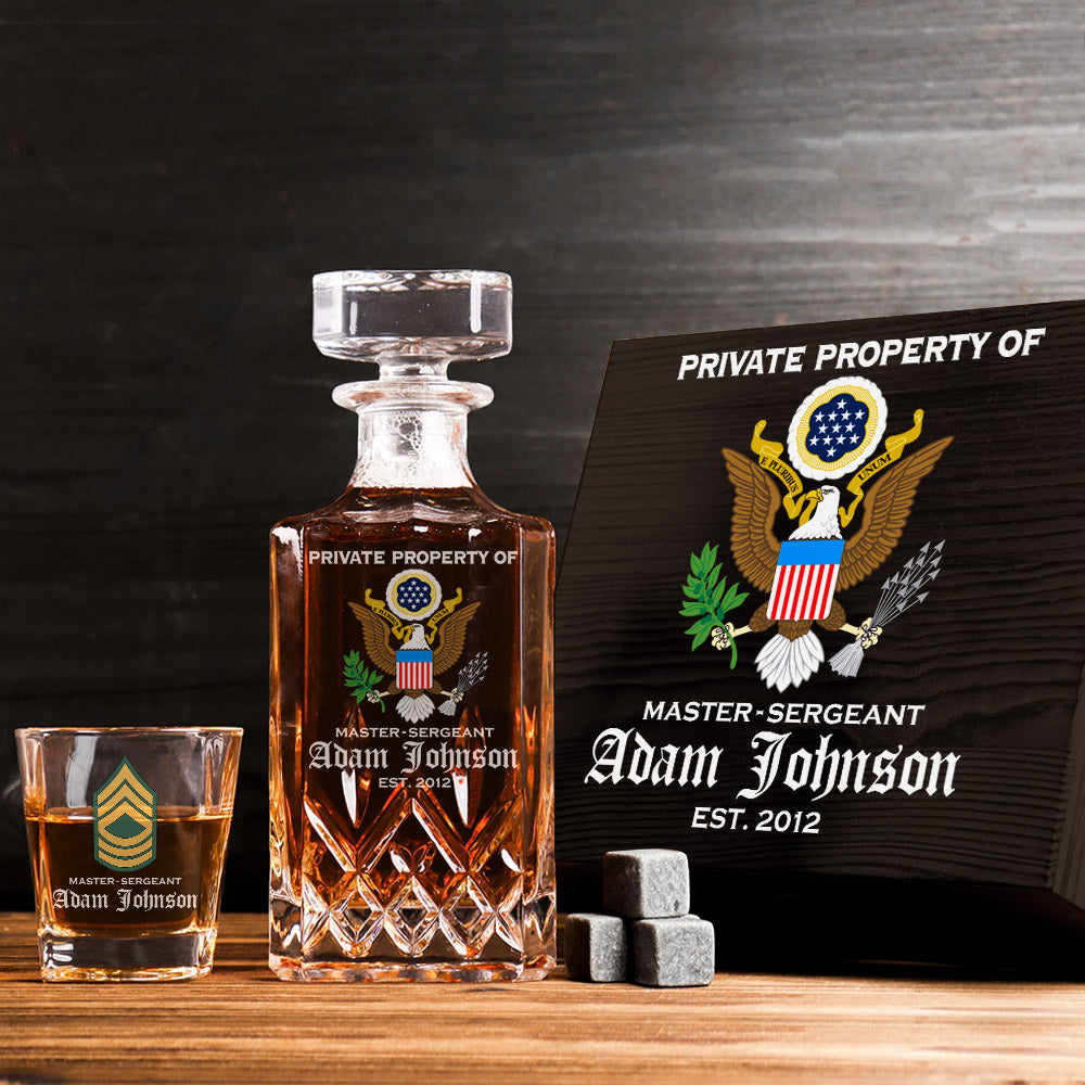 Private Property Of US Military Veteran Custom All Branches Whiskey Decanter Set Gift For Veteran Dad Grandpa H2511