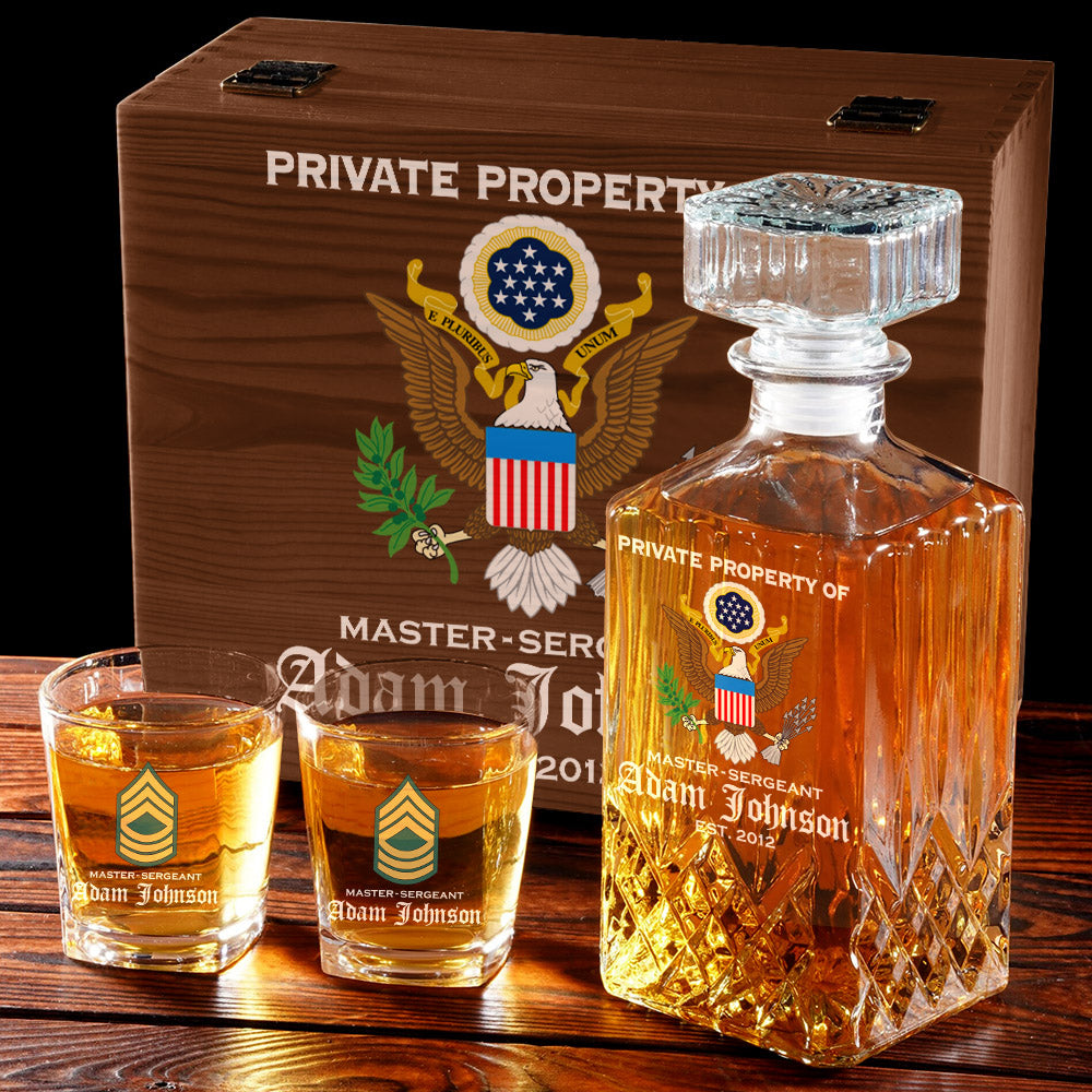 Private Property Of US Military Veteran Custom All Branches Whiskey Decanter Set Gift For Veteran Dad Grandpa H2511