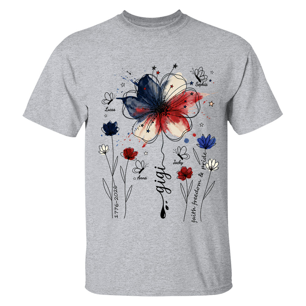 Personalized Grandma Shirt USA 250th Anniversary, Boho Floral Patriotic Tee, Custom Names Gift For Grandma Mom T1807 TH23