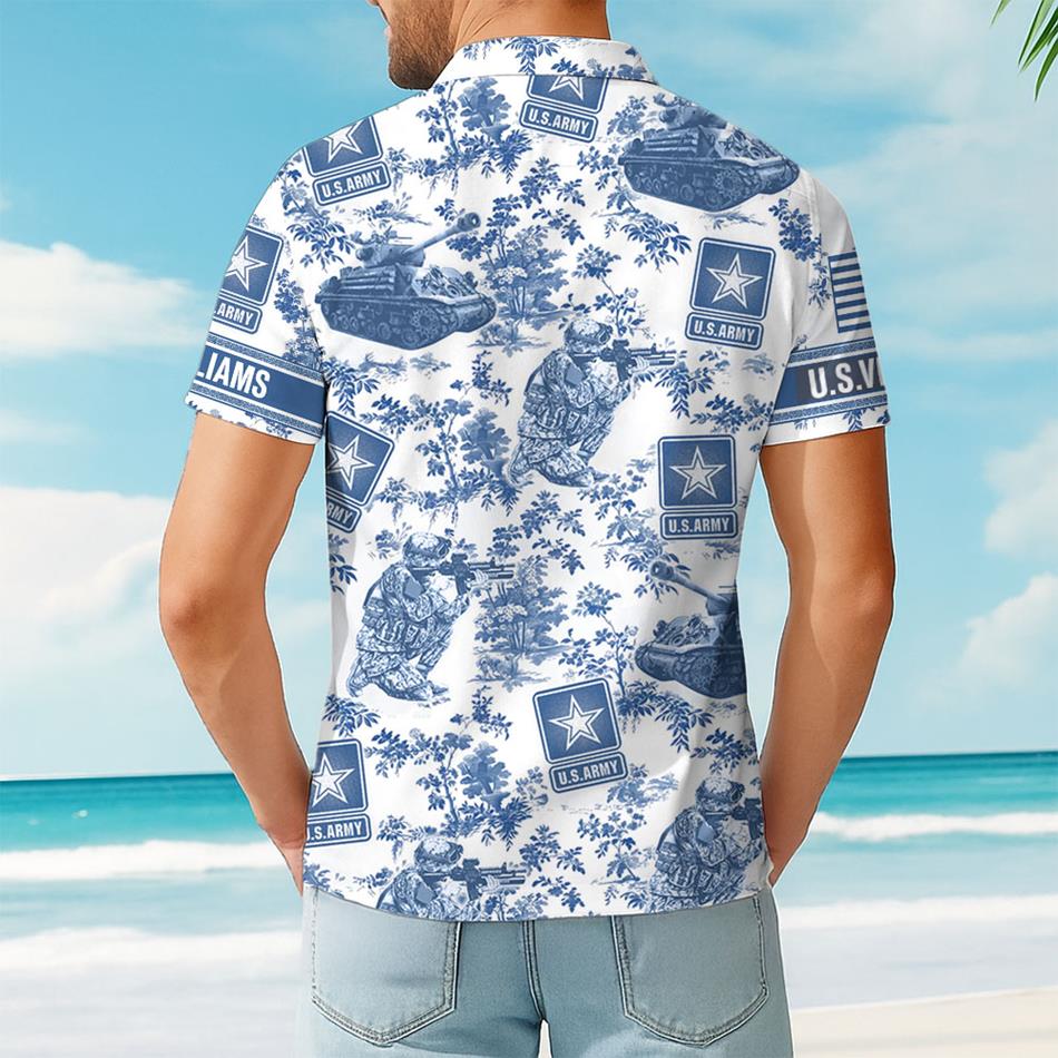 Personalized Hawaiian Shirt Blue Toile De Jouy Pattern Vr2 Gift For Veteran Summer 2025 Shirt Custom All Military Branches Logo H2511 Trna