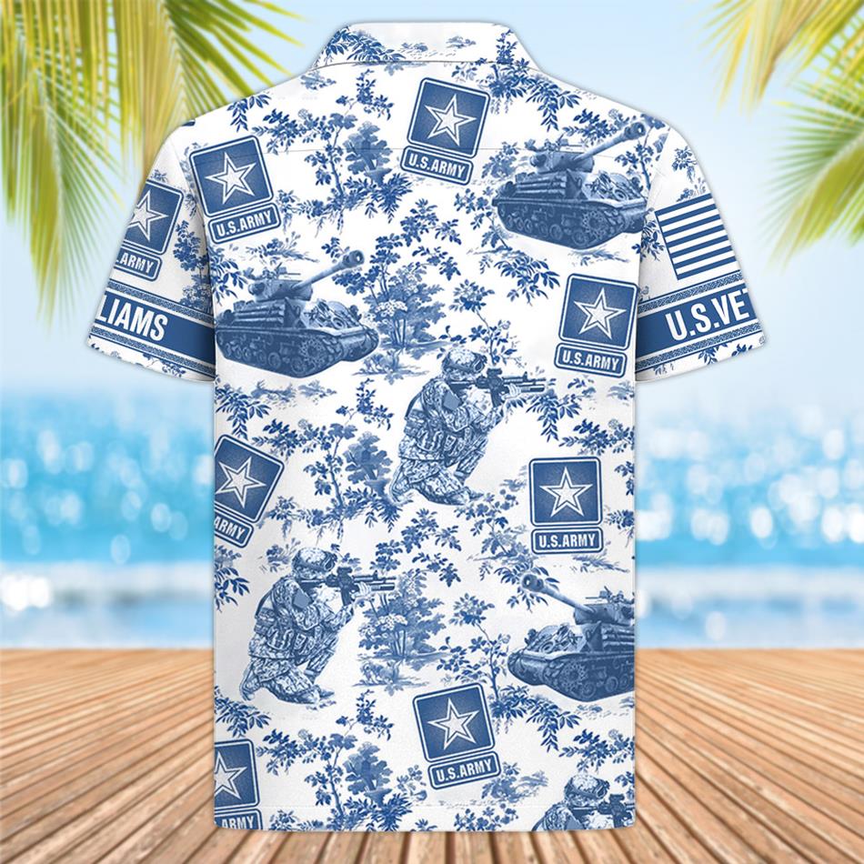 Personalized Hawaiian Shirt Blue Toile De Jouy Pattern Vr2 Gift For Veteran Summer 2025 Shirt Custom All Military Branches Logo H2511 Trna