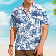 Personalized Hawaiian Shirt Blue Toile De Jouy Pattern Vr2 Gift For Veteran Summer 2025 Shirt Custom All Military Branches Logo H2511 Trna