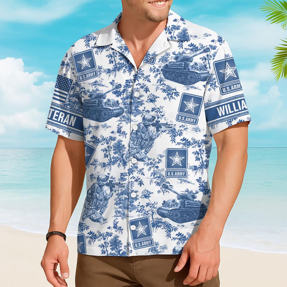 Personalized Hawaiian Shirt Blue Toile De Jouy Pattern Vr2 Gift For Veteran Summer 2025 Shirt Custom All Military Branches Logo H2511 Trna