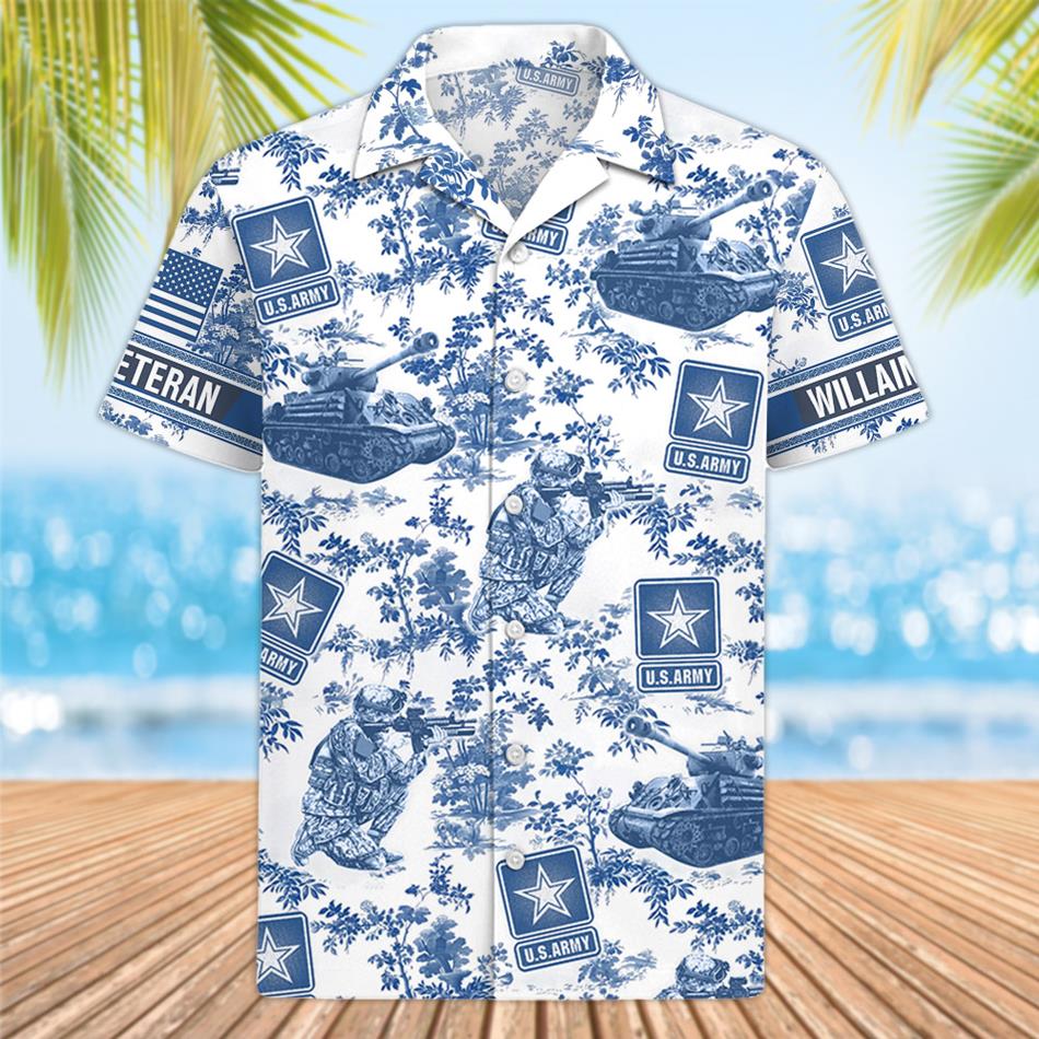 Personalized Hawaiian Shirt Blue Toile De Jouy Pattern Vr2 Gift For Veteran Summer 2025 Shirt Custom All Military Branches Logo H2511 Trna
