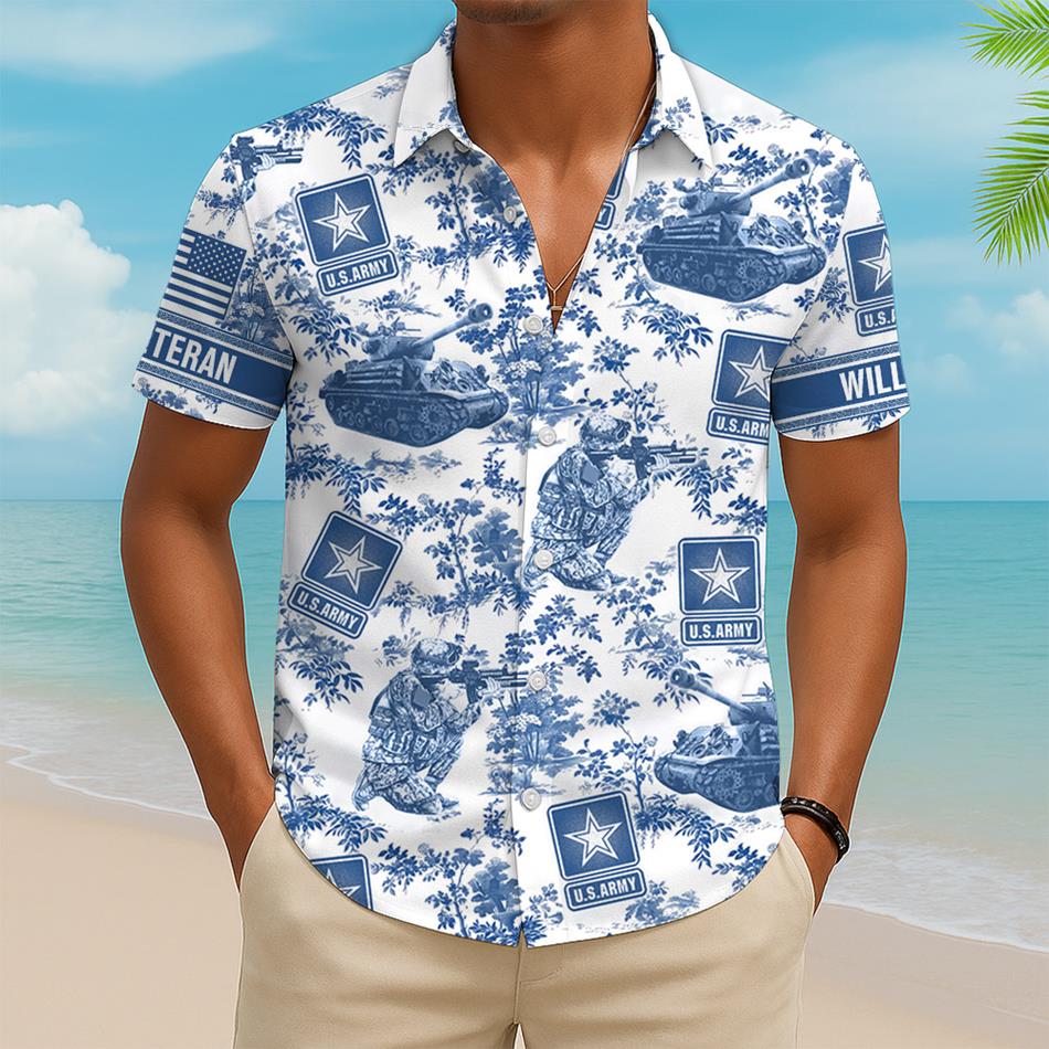 Personalized Hawaiian Shirt Blue Toile De Jouy Pattern Vr2 Gift For Veteran Summer 2025 Shirt Custom All Military Branches Logo H2511 Trna