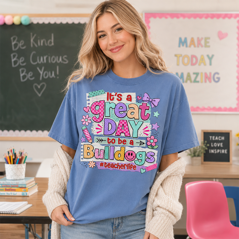 Striped Neon It's A Great Day To Be A Bulldog Personalized School Mascot Retro Stripe Shirt For Teacher Hv01