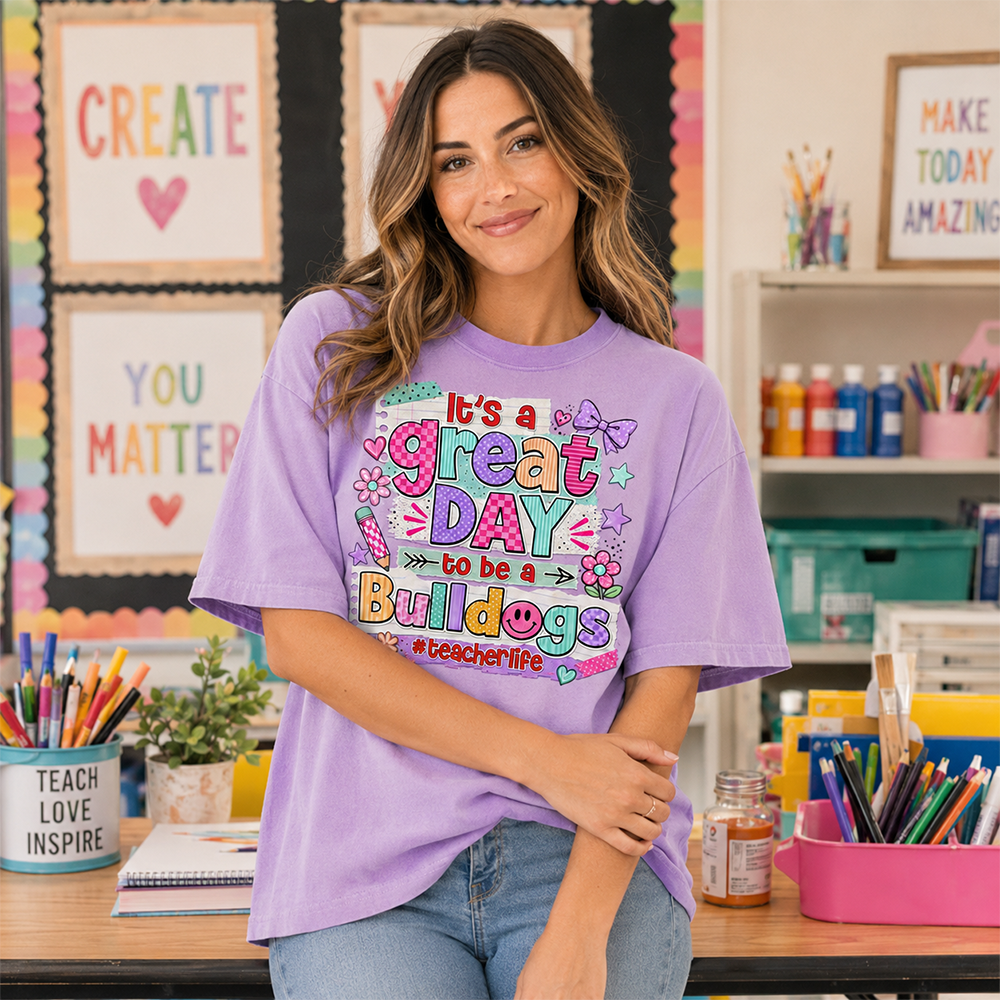 Striped Neon It's A Great Day To Be A Bulldog Personalized School Mascot Retro Stripe Shirt For Teacher Hv01