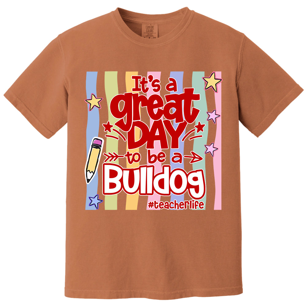 It's A Great Day To Be A Bulldog Personalized School Mascot Retro Stripe Shirt For Teacher T24