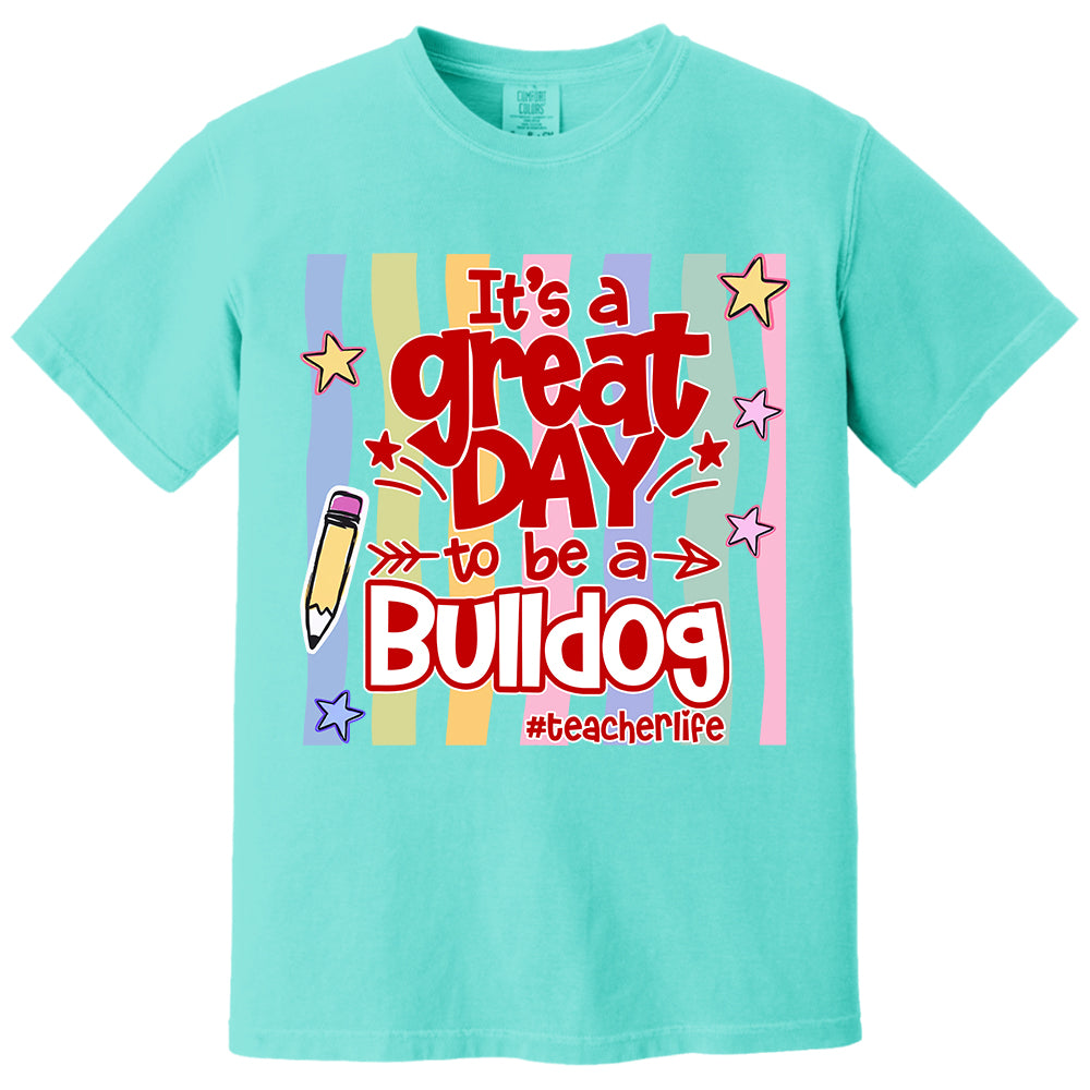 It's A Great Day To Be A Bulldog Personalized School Mascot Retro Stripe Shirt For Teacher T24