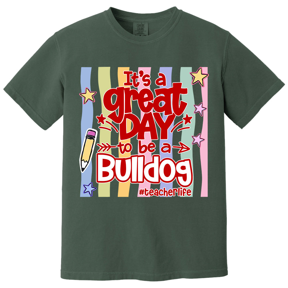 It's A Great Day To Be A Bulldog Personalized School Mascot Retro Stripe Shirt For Teacher T24