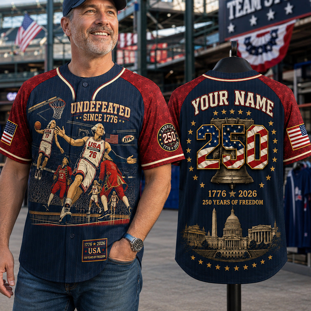 Custom Name America 250th Anniversary Baseball Jersey, Undefeated Since 1776 Patriotic Basketball Shirt T24