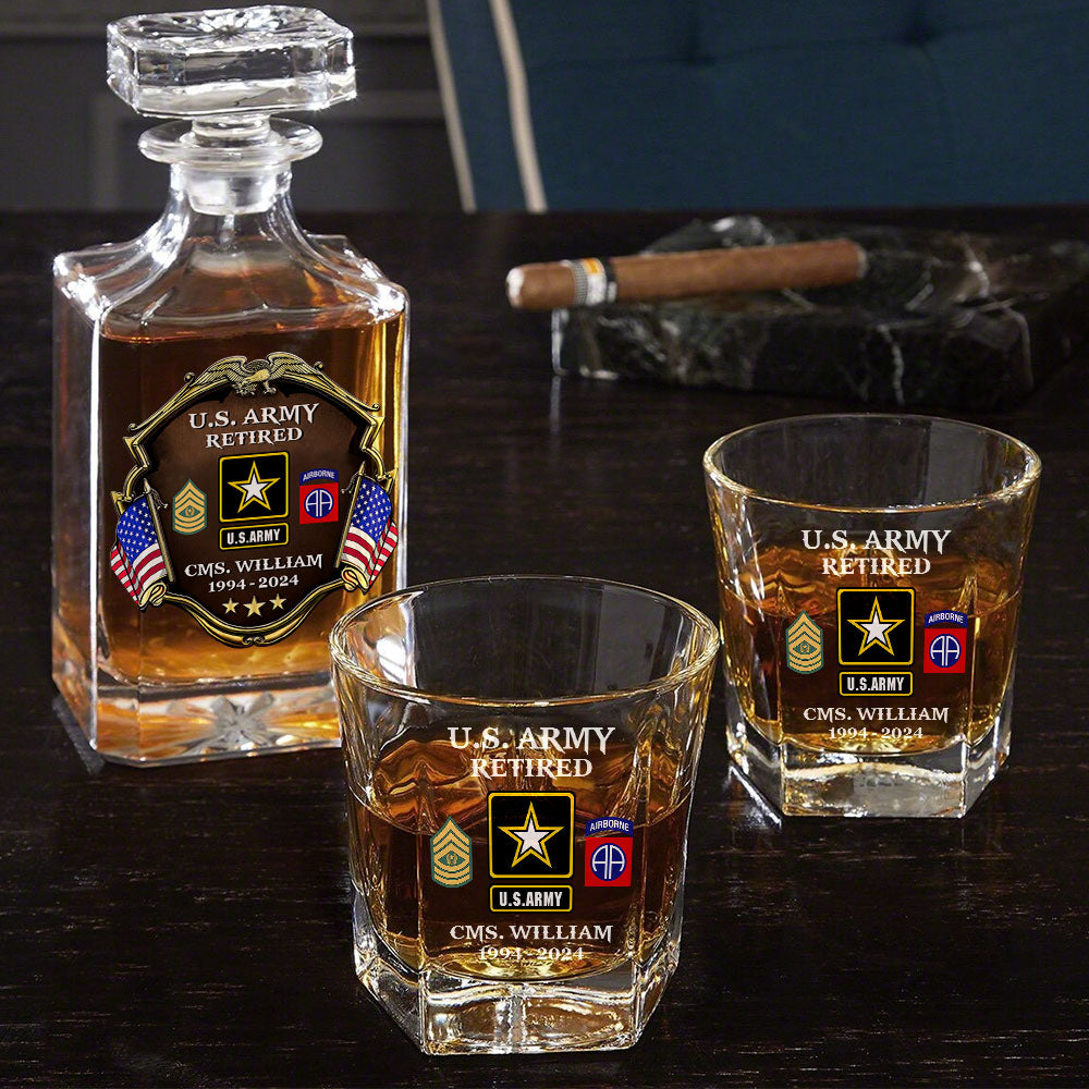 Custom Division Rank Year Of Service Whiskey Decanter Set For Veteran Dad Grandpa Military Retirement Gift H2511
