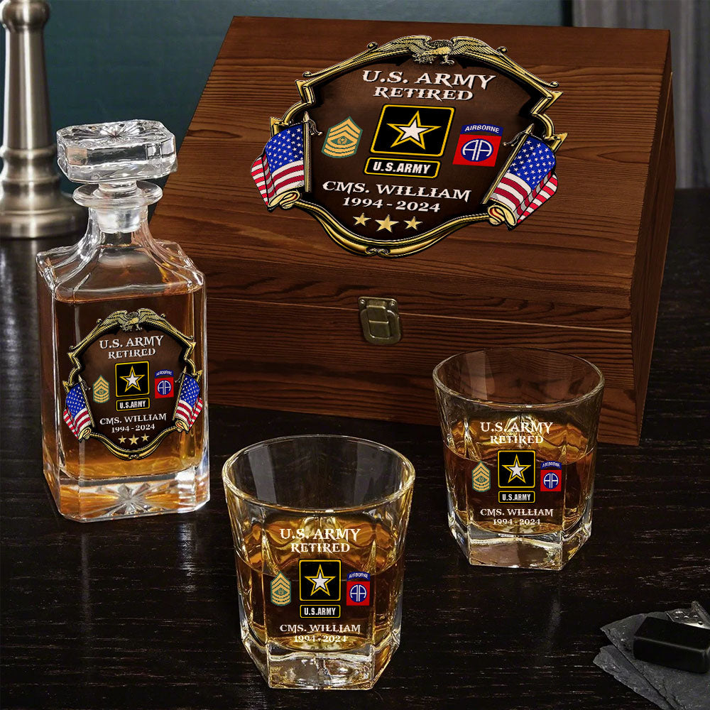 Custom Division Rank Year Of Service Whiskey Decanter Set For Veteran Dad Grandpa Military Retirement Gift H2511