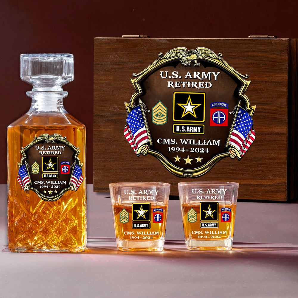 Custom Division Rank Year Of Service Whiskey Decanter Set For Veteran Dad Grandpa Military Retirement Gift H2511