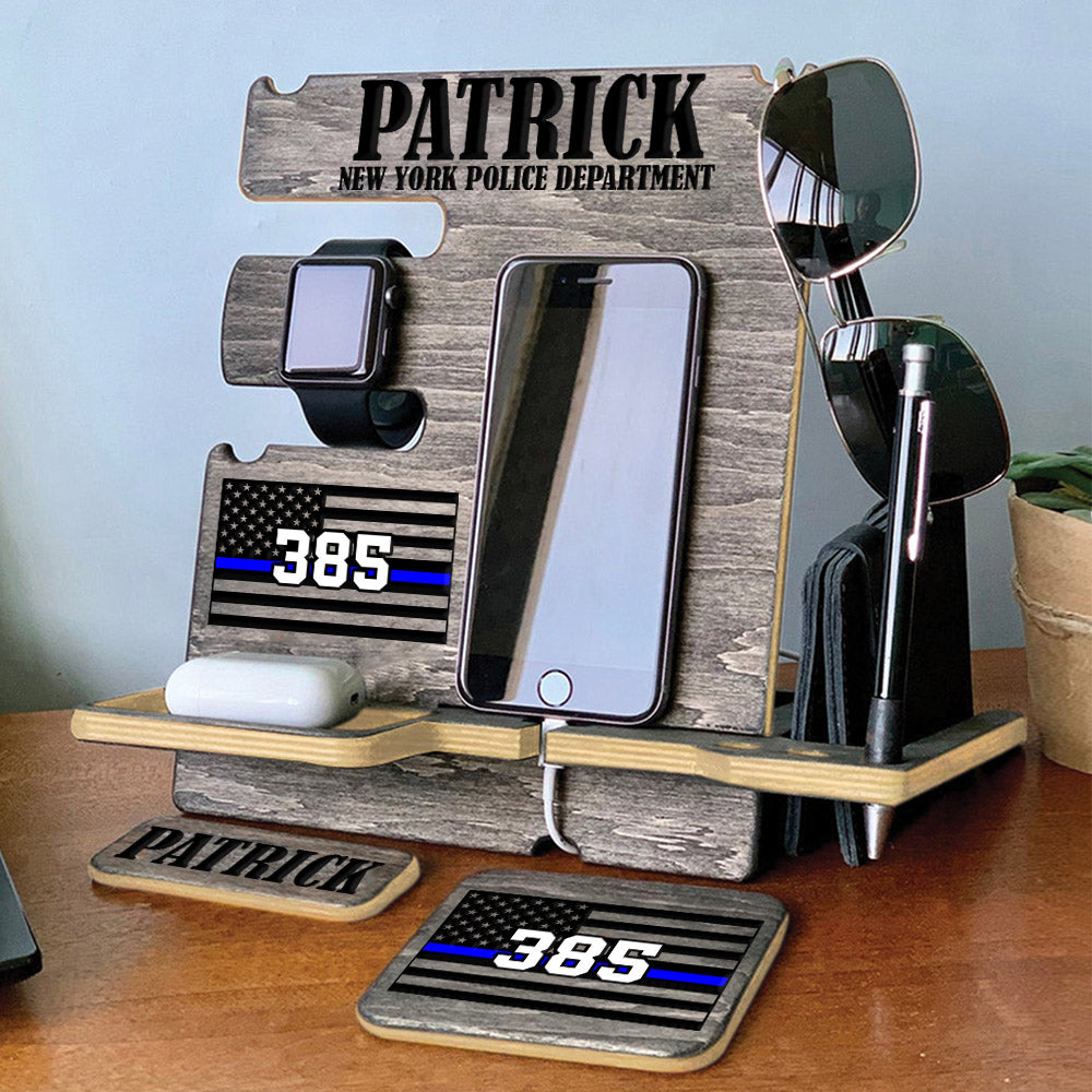 Personalized Gift for Police Wood Docking Station Desk Organizer Custom Police Officer Gift Phone Stand H2511