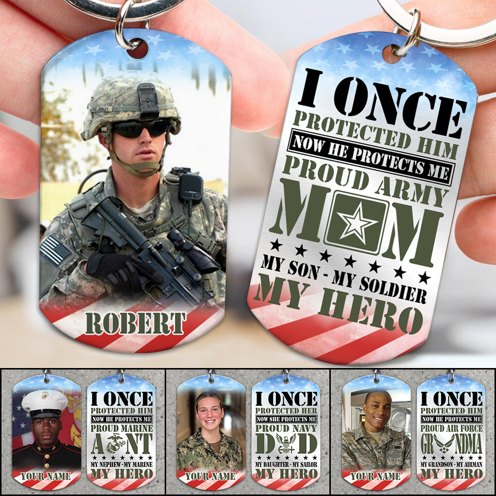 I Once Protected Him Now He Protects Me Custom Aluminum Keychain Gift For Proud Army Mom Dad Family H2511 Trna