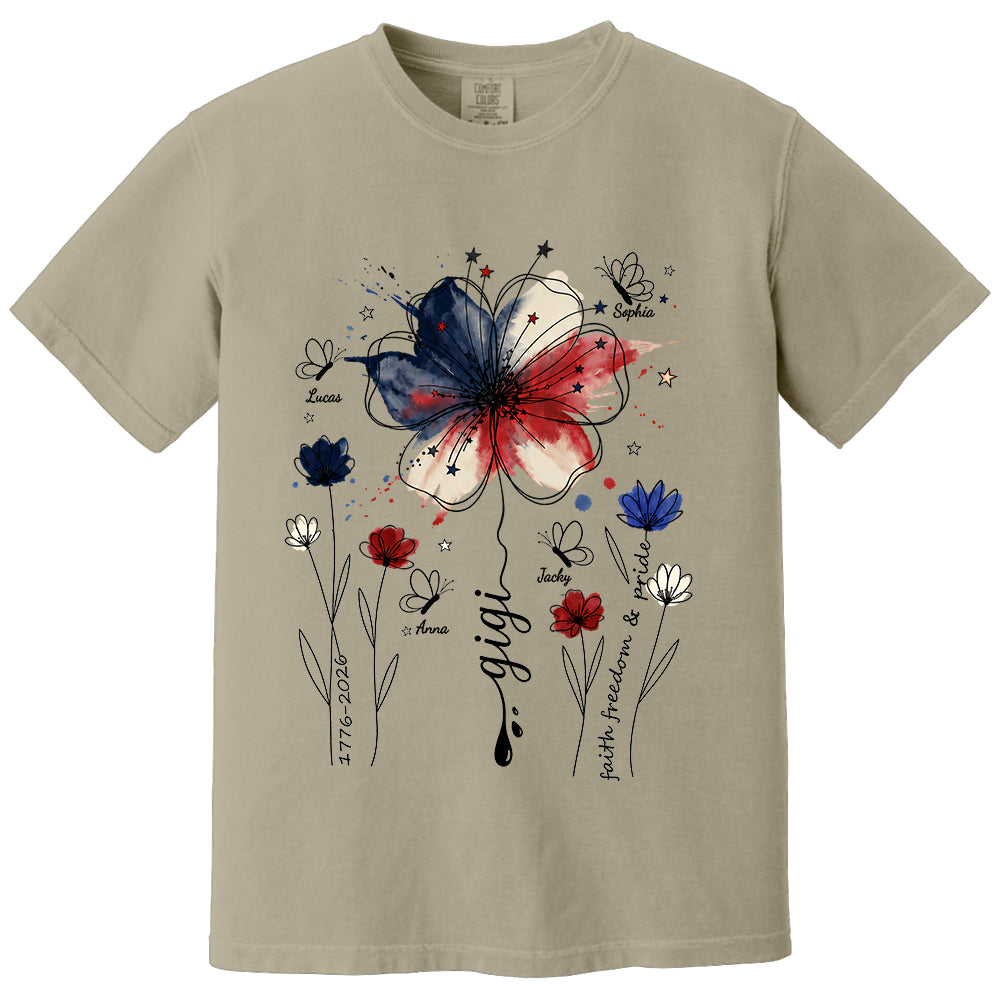 Personalized Grandma Shirt USA 250th Anniversary, Boho Floral Patriotic Tee, Custom Names Gift For Grandma Mom T1807 TH23