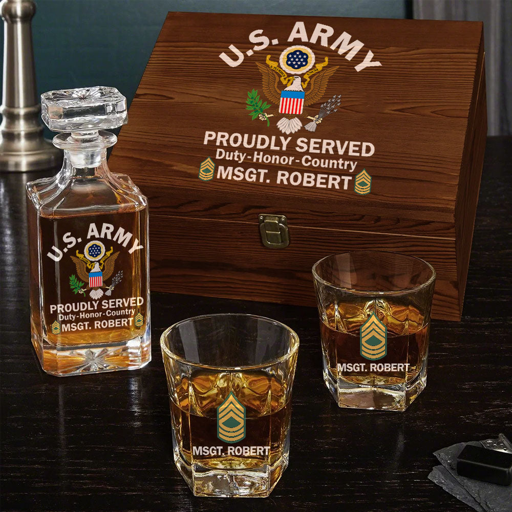 Proudly Served Duty Honor Country Custom Veteran Whiskey Decanter Set Gift For Veteran H2511