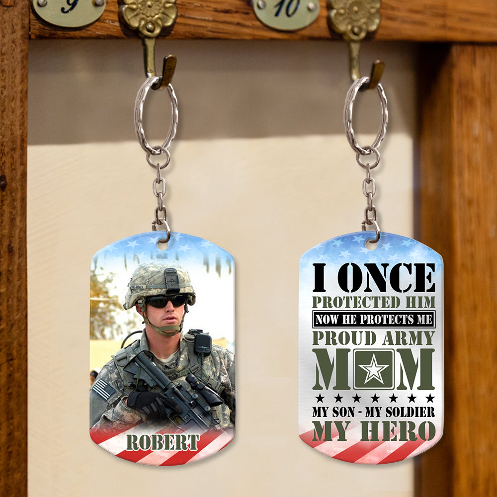 I Once Protected Him Now He Protects Me Custom Aluminum Keychain Gift For Proud Army Mom Dad Family H2511 Trna