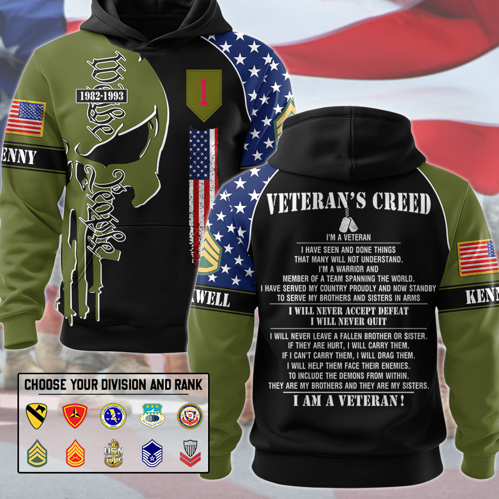 Veteran's Creed Skull Personalized All Over Print Shirt Hoodie Custom Division Rank Shirt Gift For US Veterans H2511 Trna