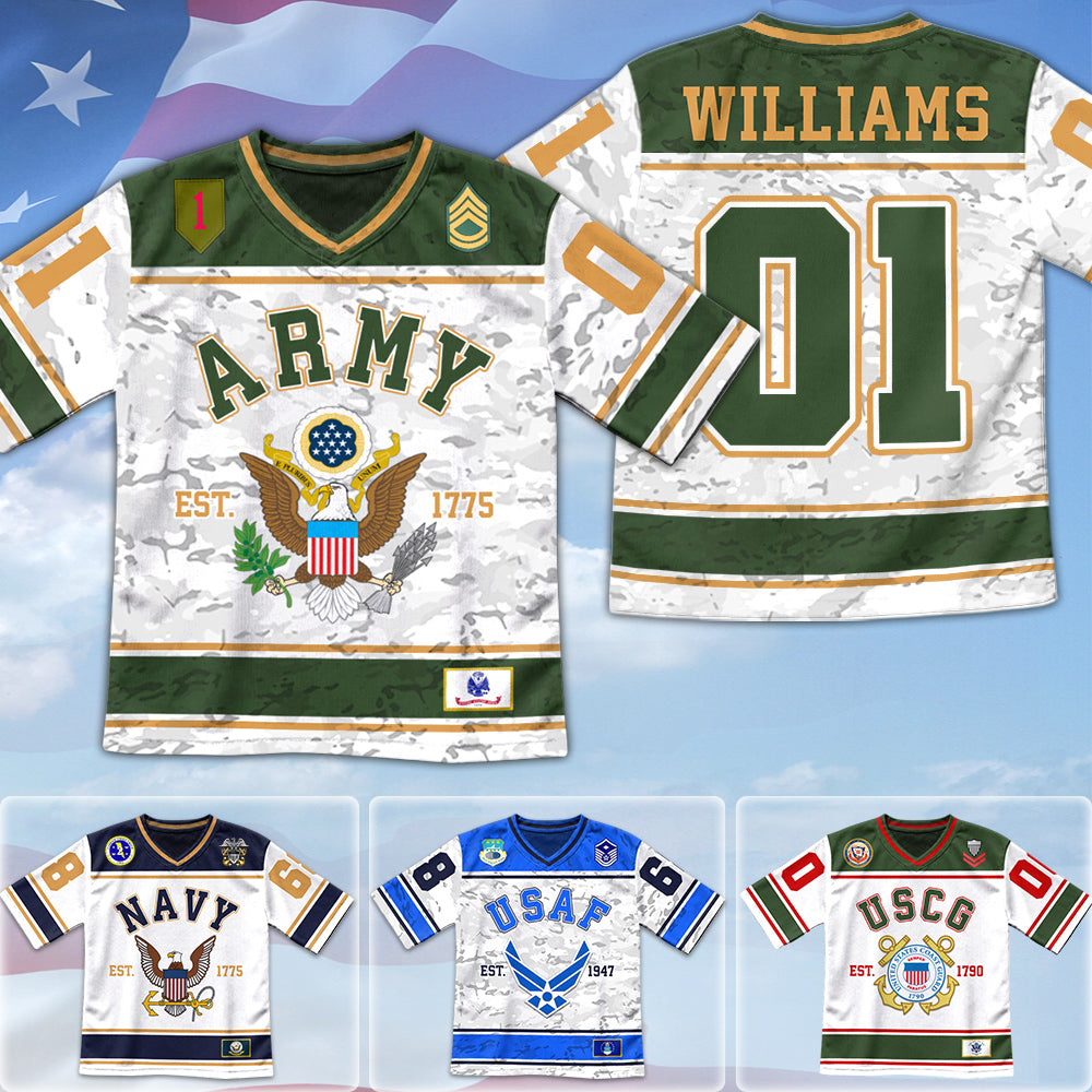 US Military Football Jersey Custom All Branches Rank Division Name For Military Retirement Veteran Dad Grandpa H2511 Trna