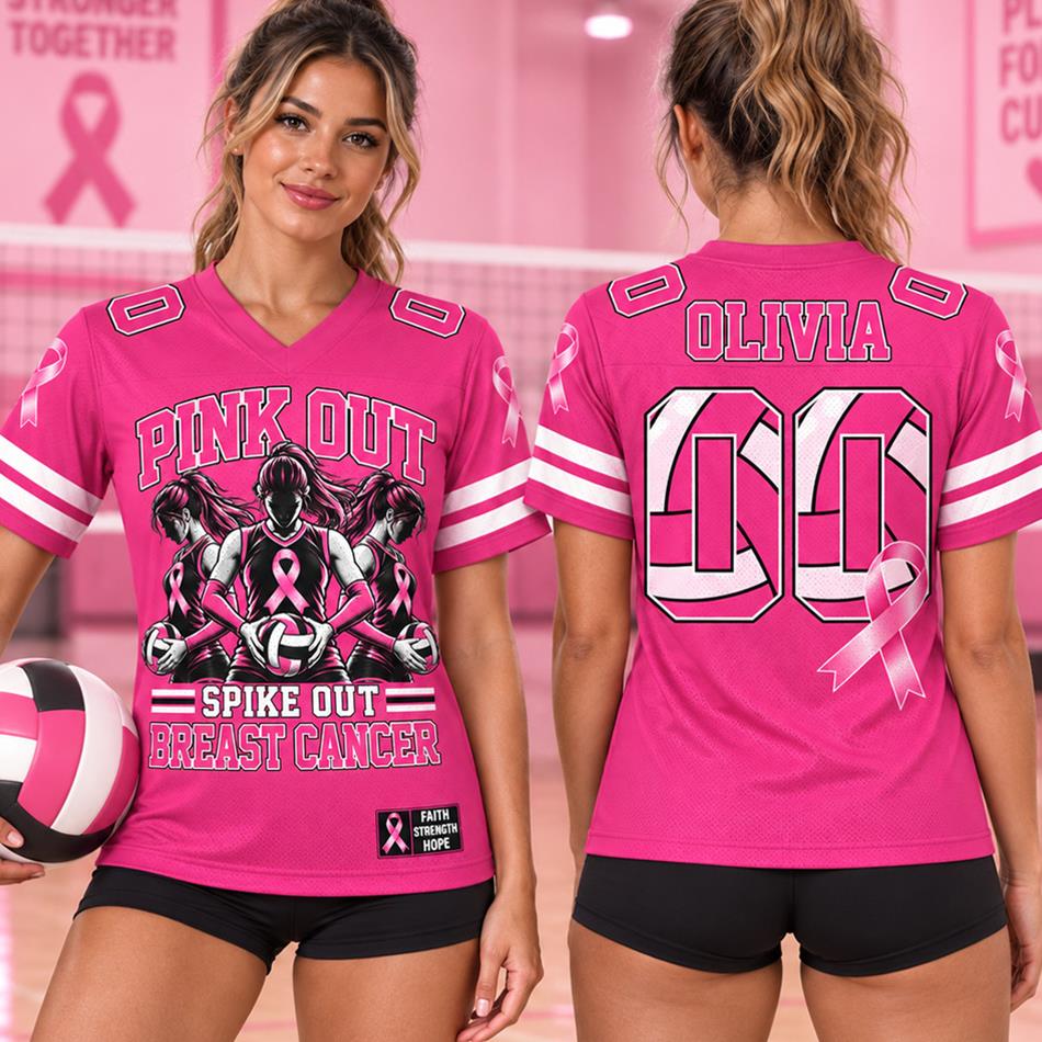 Custom Volleyball Spike Out Breast Cancer Awareness Jersey Personalized Name & Number Sport Lovers Shirt H2511 Trna