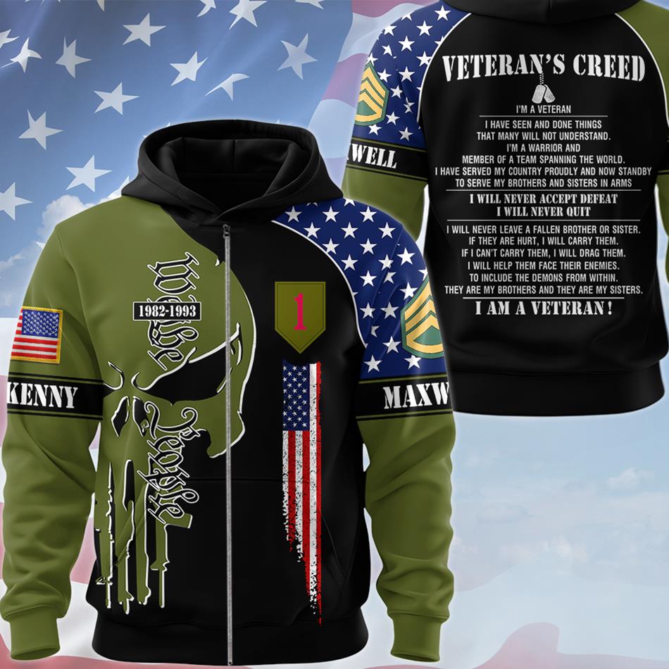 Veteran's Creed Skull Personalized All Over Print Shirt Hoodie Custom Division Rank Shirt Gift For US Veterans H2511 Trna