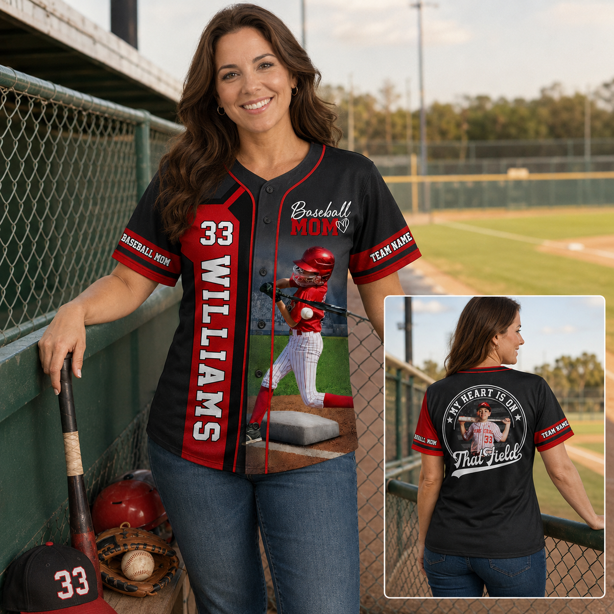 Baseball Mom - My Heart Is On That Field - Personalized Baseball Jersey Custom Photo Baseball Player NA04 PT99