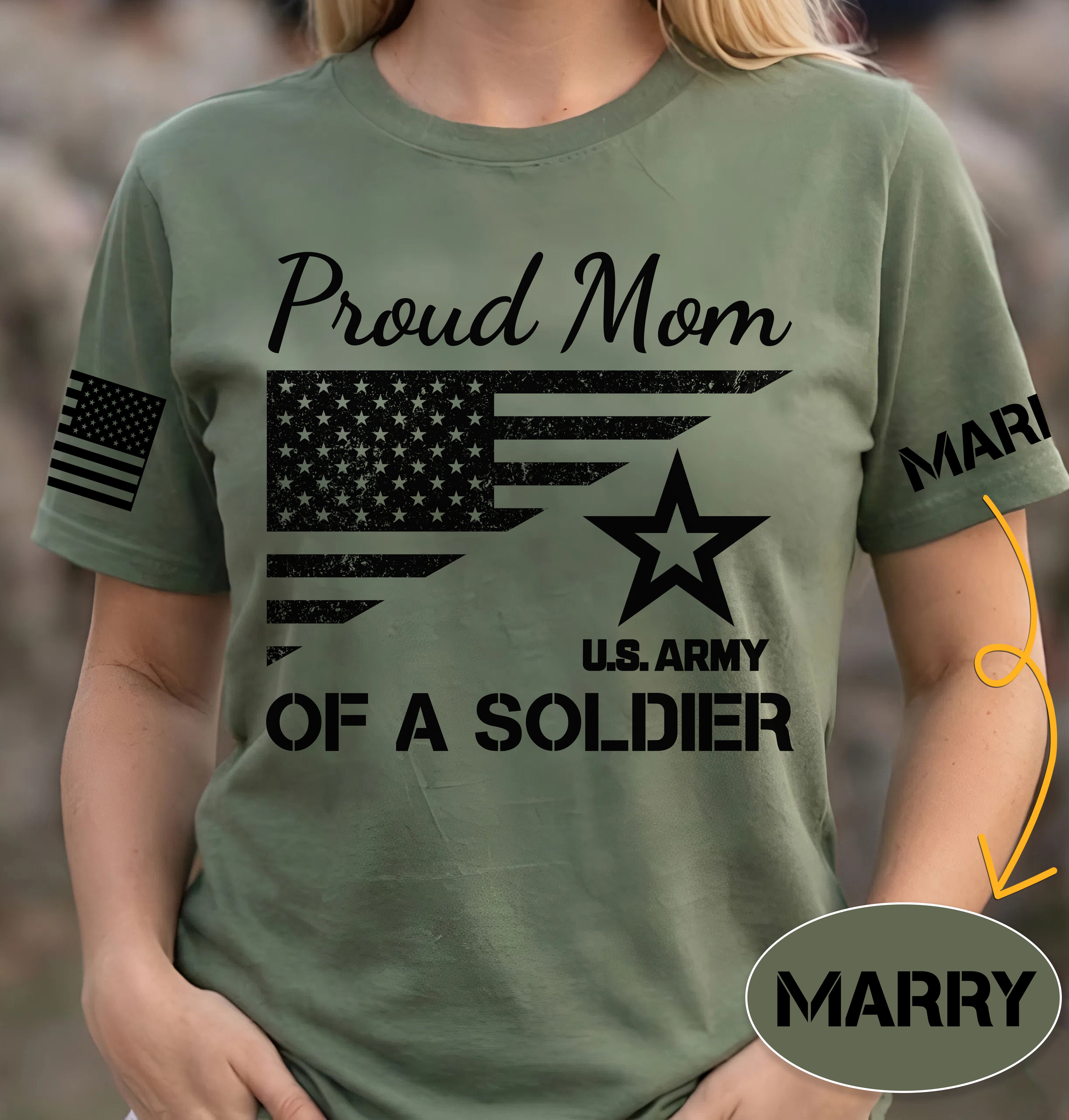 Proud Mom Of A Soldier Custom Shirt For US Military Family Mom Dad Grandma Sister Shirt Military Family Day Shirt H2511 Trna
