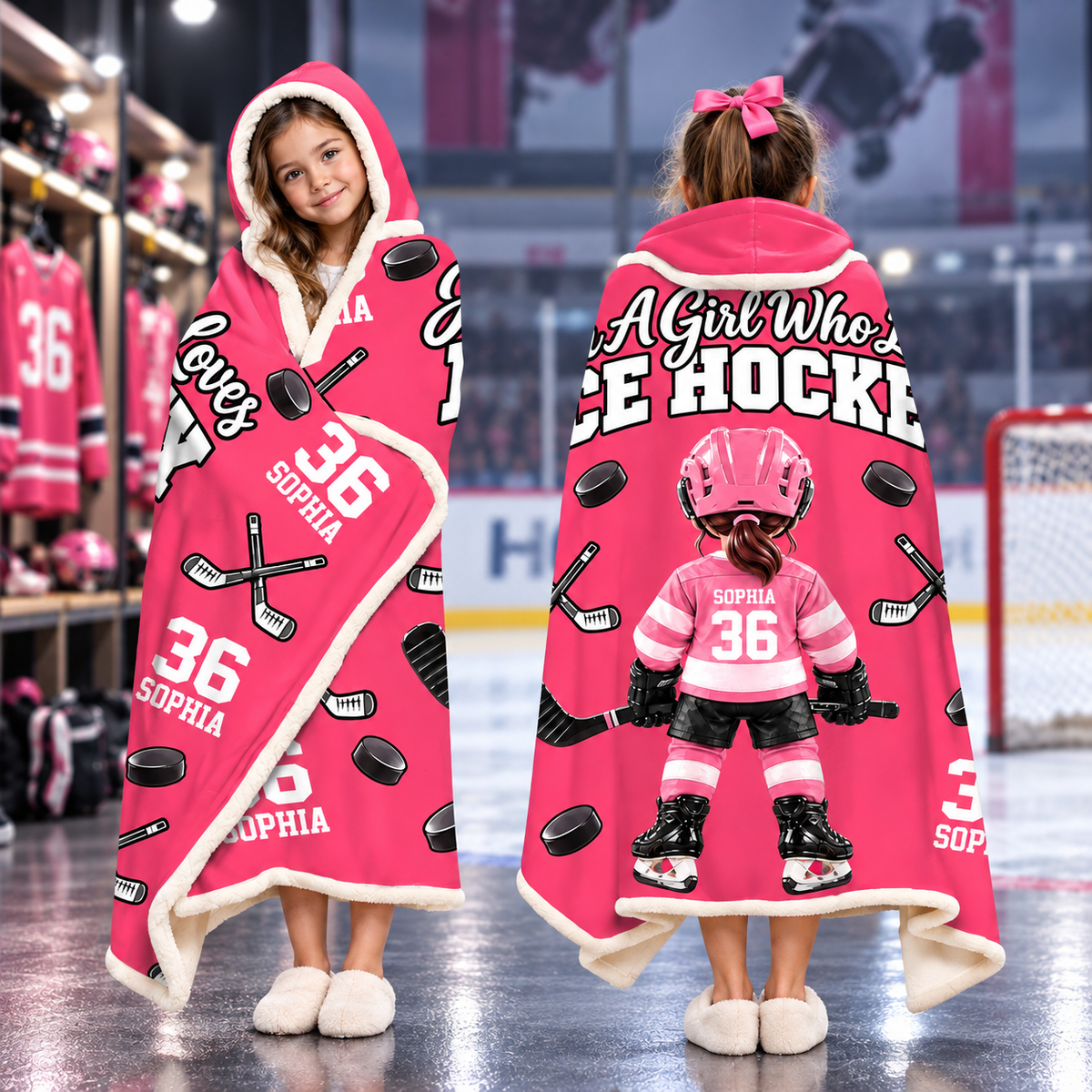 Custom Just A Girl Who Loves Ice Hockey Blanket Hoodie, Christmas Hockey Gift L0411 VH01 DN10