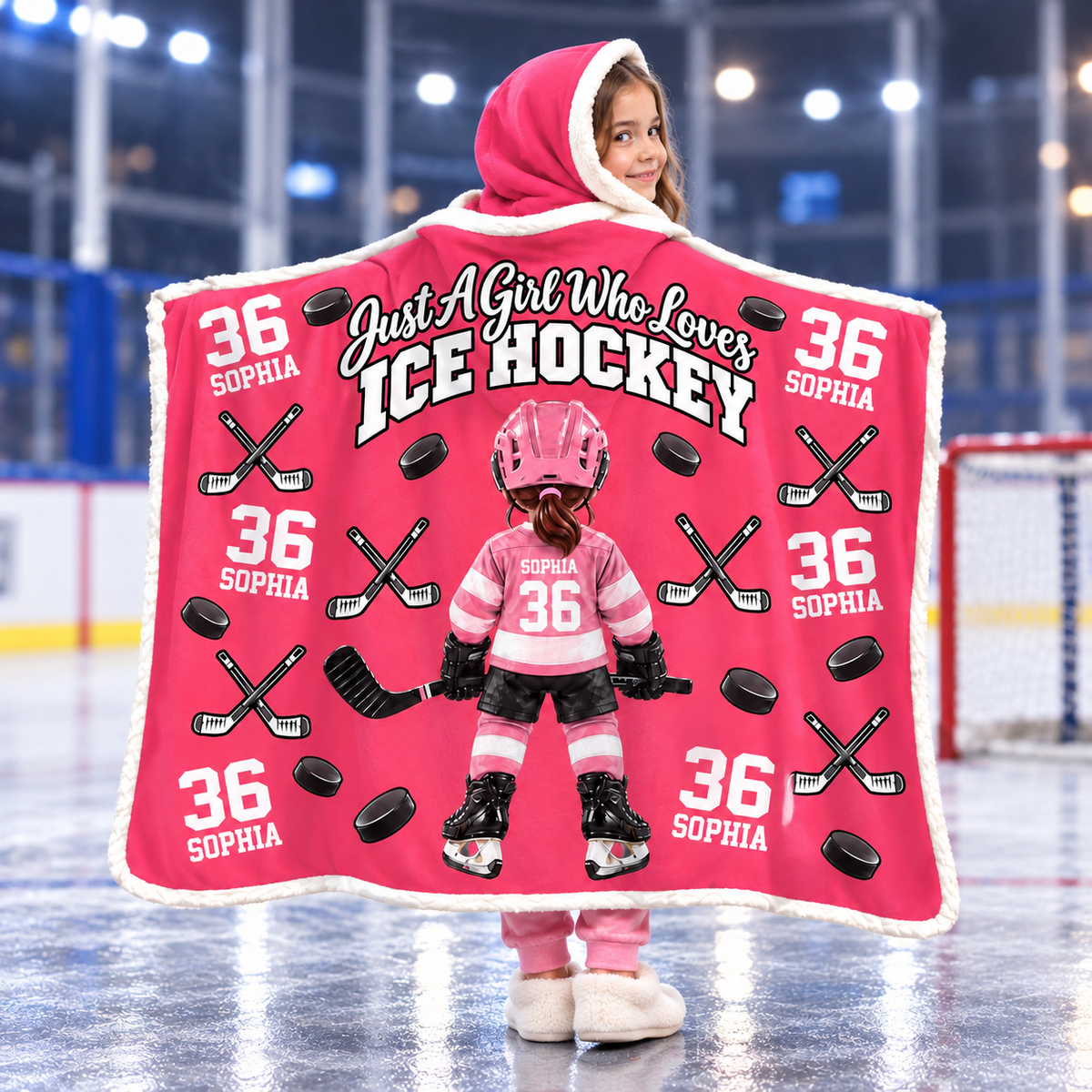 Custom Just A Girl Who Loves Ice Hockey Blanket Hoodie, Christmas Hockey Gift L0411 VH01 DN10