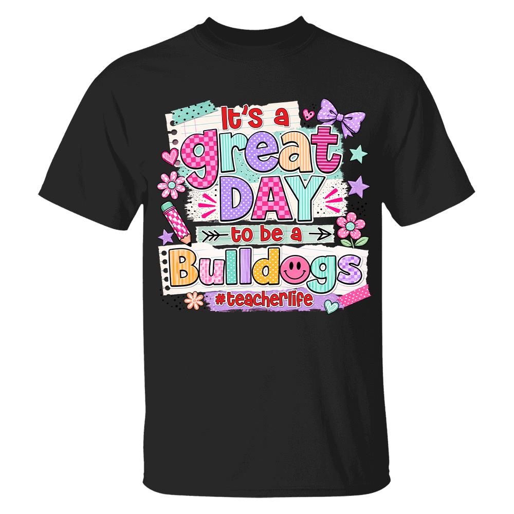 Striped Neon It's A Great Day To Be A Bulldog Personalized School Mascot Retro Stripe Shirt For Teacher Hv01